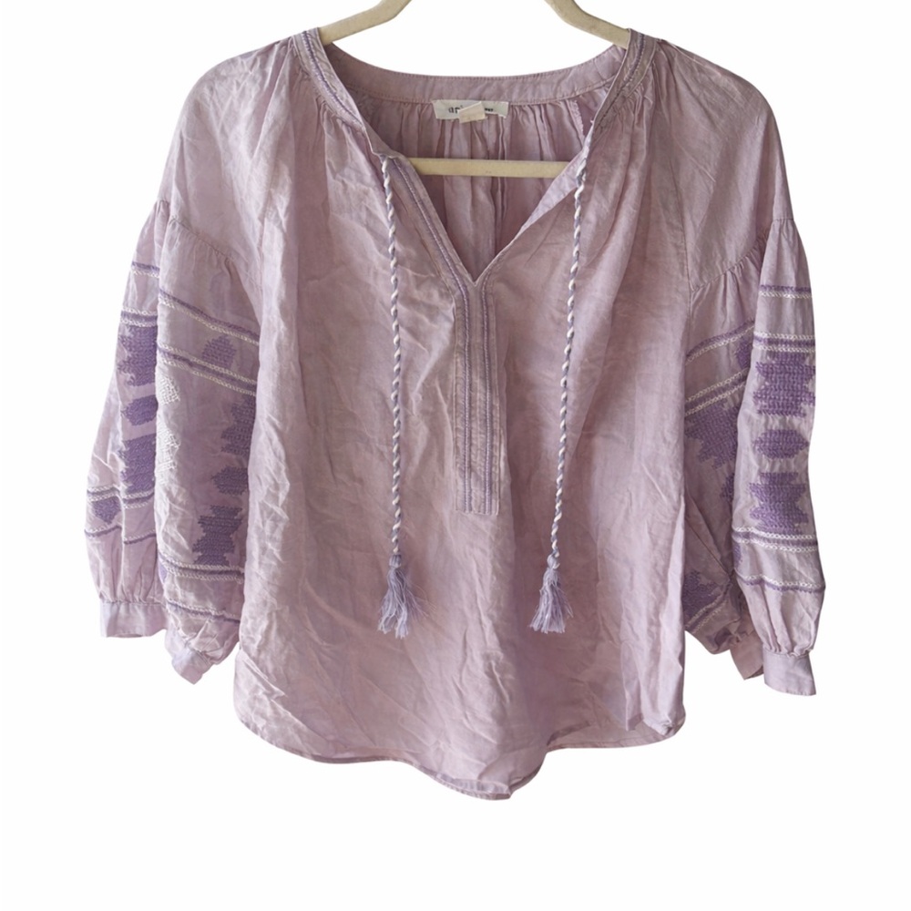 Lavender Boho Embroidered Blouse Small Tassel